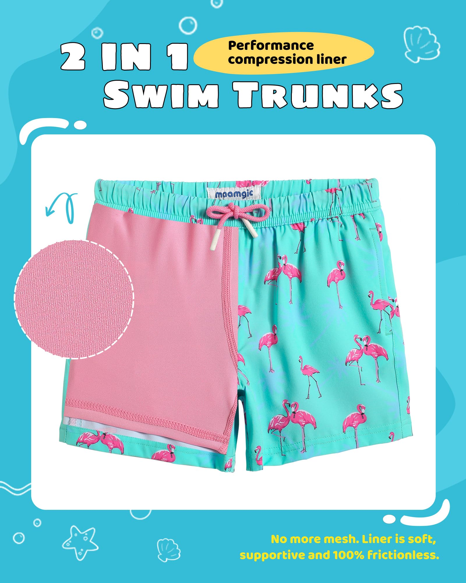 maamgic Boys Swim Trunks with Compression Liner Toddler Stretch Swim Shorts Quick Dry Swimming Trunks Boxer Brief 2 in 1 Beach Shorts Blue Flamingos 3T