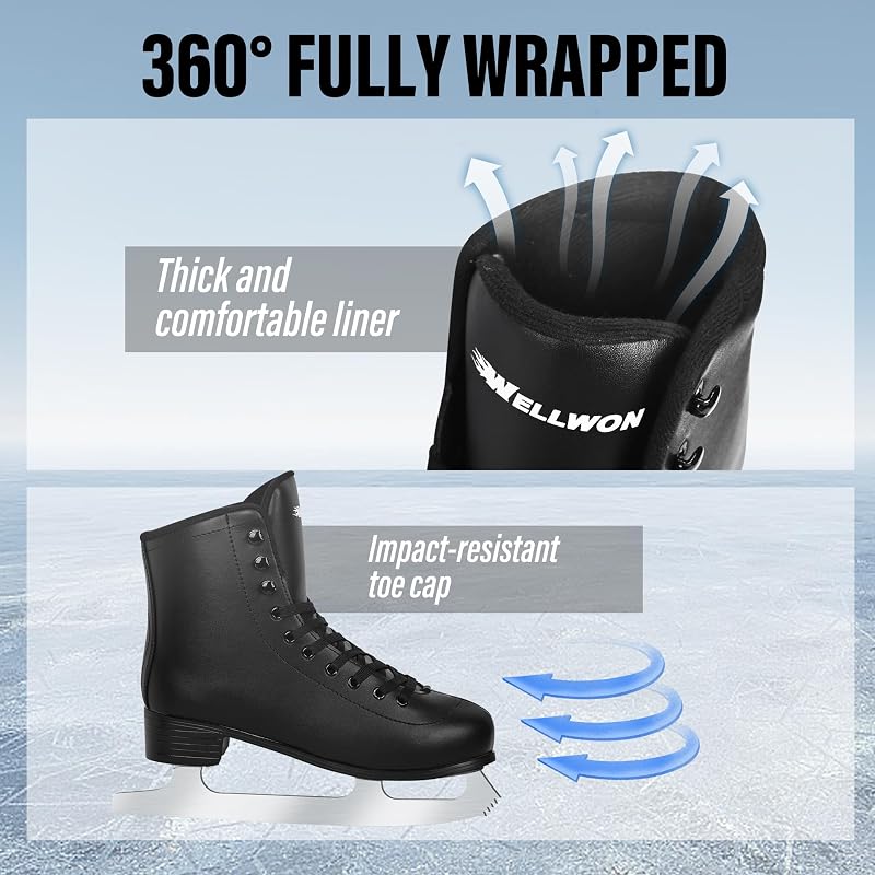 WELLWON Black Ice Skates for Women & Men, Figure Skating Shoes with Velvety Lining, US 10/8.5 – Indoor & Outdoor