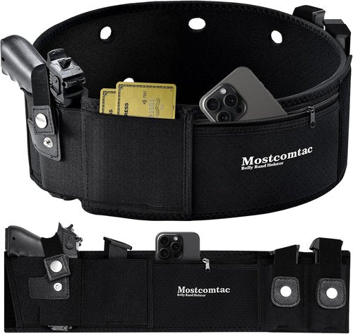 Gun Holster by Belly Band - Breathable Neoprene Tactical Belt with Zip Pocket for Phones | Fits Glock 17-43X, Taurus G3C, G2C & Most 9mm/380 Handguns