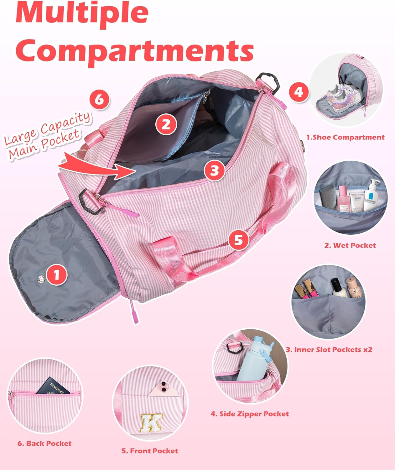 Skiennix Girls Travel Duffle Bag - Personalized Overnight Bag with Shoe Compartment & Makeup Pouch | Letter N
