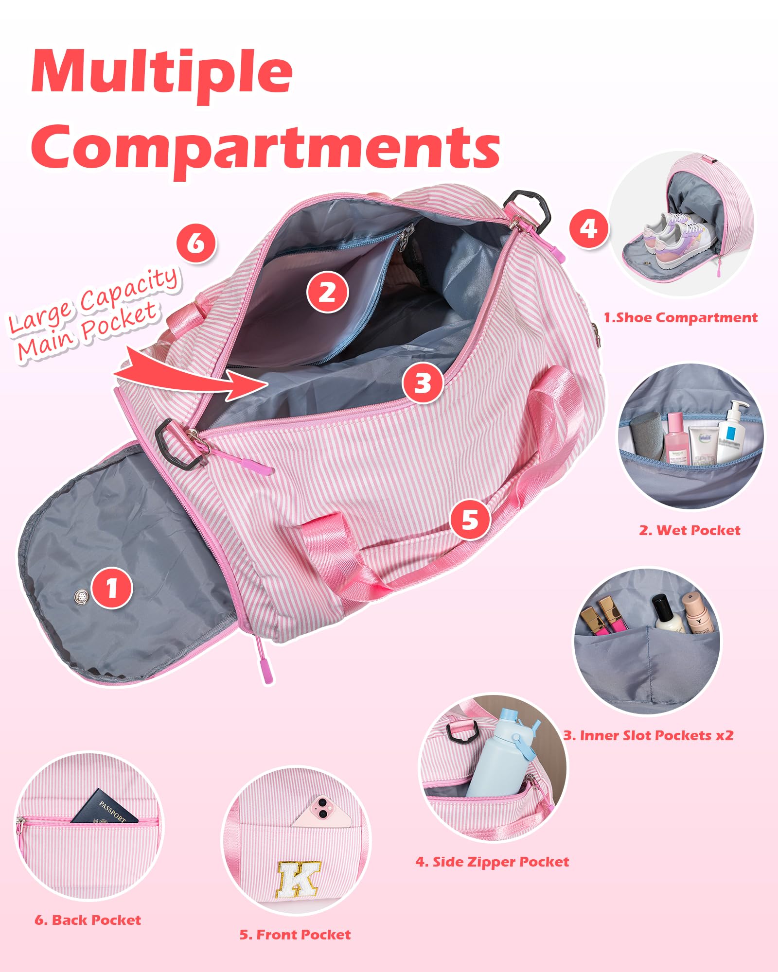 Vogewood Teen Girl Gifts Trendy Stuff, Girls Travel Duffle Bag, Kids Initial Overnight Bags with Shoe Compartment, Personalized Weekender Bag with Makeup Pouch, Gift for 6 Year Old Kid (Letter T)