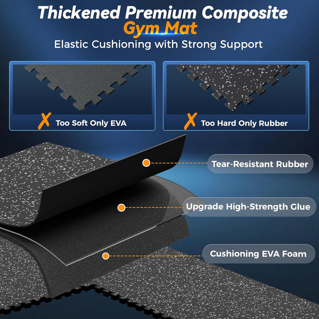 SUPERJARE Extra-Thick Rubber Exercise Mat - Interlocking Gym Flooring, 12 Pcs, 48 Sq Ft, Black/Grey