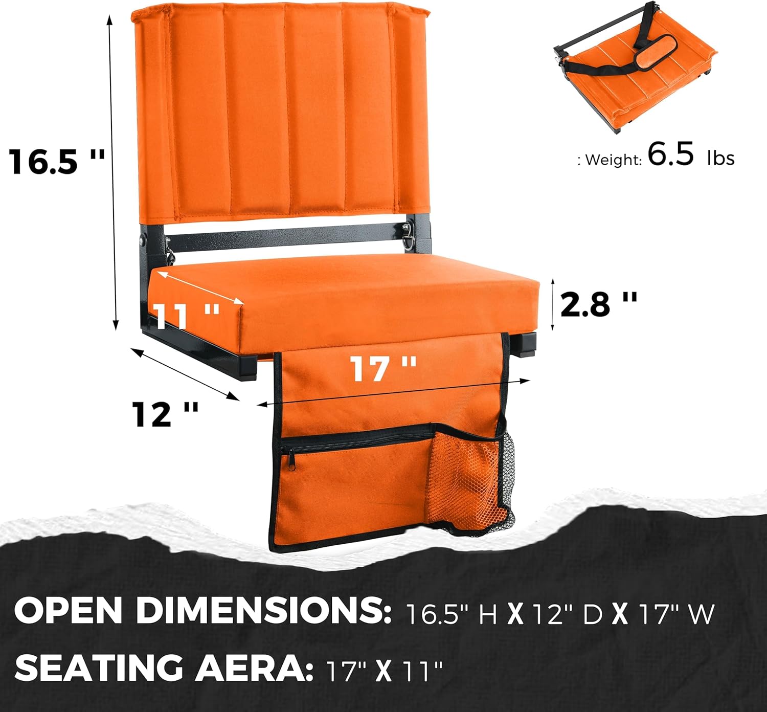 Sport Beats Stadium Seats - Padded Bleacher Chair with Back Support & Shoulder Strap | Orange, 1pc Regular - 17"W x 12"D x 16.5"H