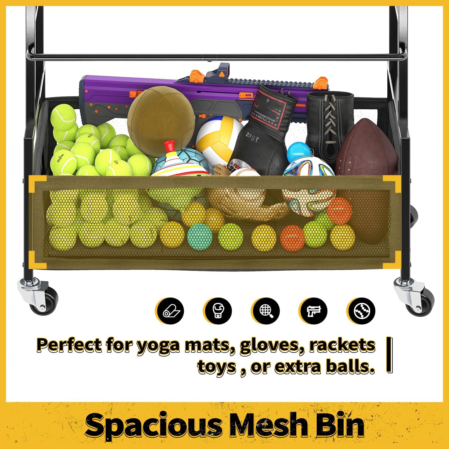 SOYEEZE Sports Equipment Organizer - 4-Tier Ball Storage Rack for Garage & Outdoor Toys | Mobile Cart with Hooks