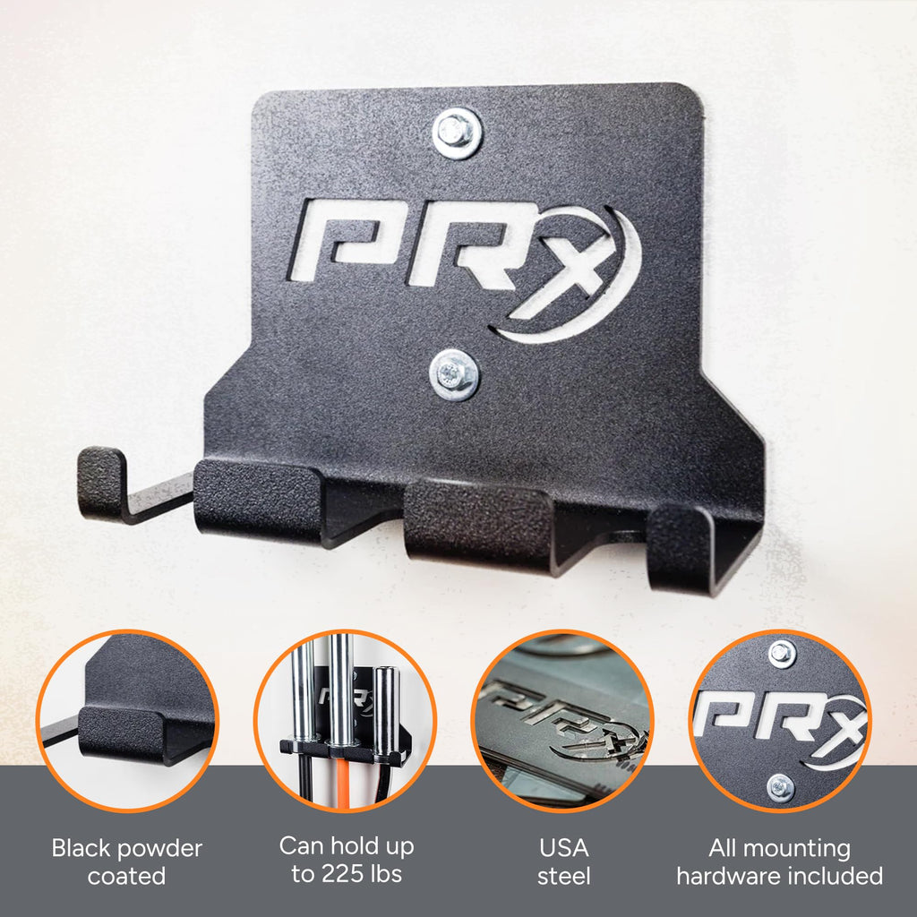 PRx Performance Three Barbell Storage Wall Mounted Hanging 3 Bar Holder USA Made American Black Powder Coated Space Saving Commercial or Home Gym Workout Fitness Equipment Garage Accessory Rack