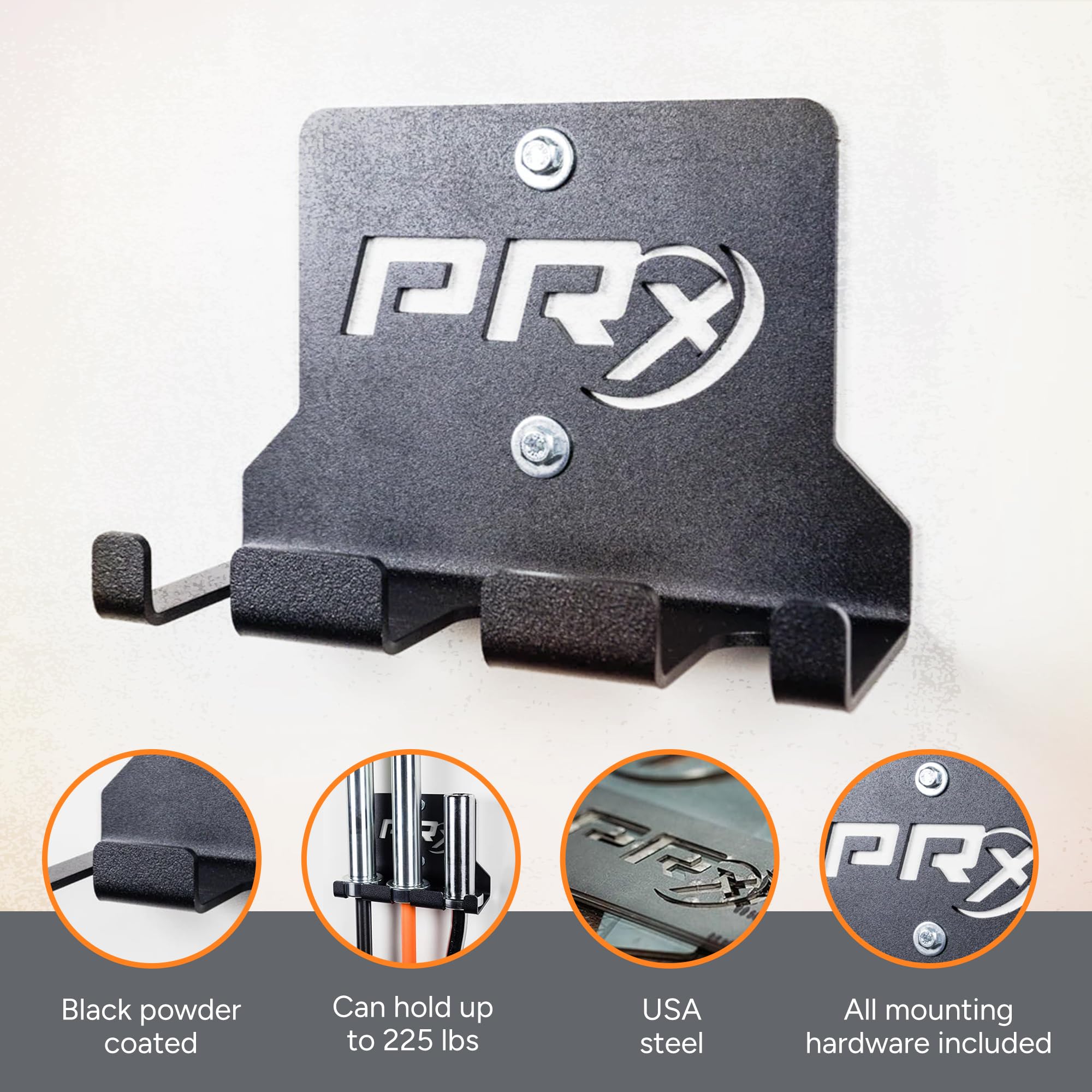 PRx Performance Three Barbell Storage Wall Mounted Hanging 3 Bar Holder USA Made American Black Powder Coated Space Saving Commercial or Home Gym Workout Fitness Equipment Garage Accessory Rack