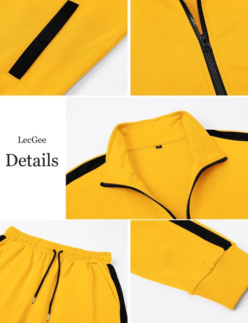 LecGee 2 Piece Athletic Set For Men Casual Color Bock Coat and Adjustable Drawstring Sports Pant Outfits(Yellow,XX-Large)