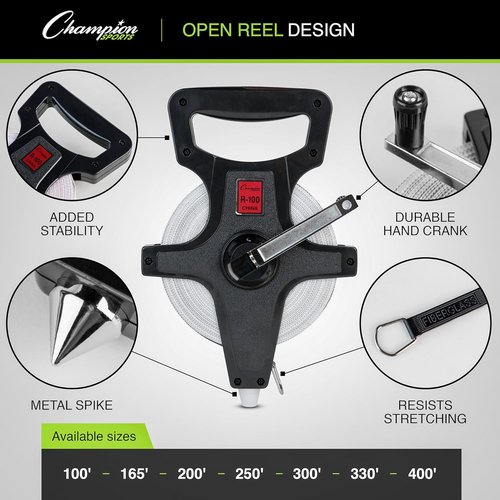 Champion Sports Open Reel Measuring Tape - Durable Hand Crank with Metal Spike, 100 ft/30 Meters for Track & Field