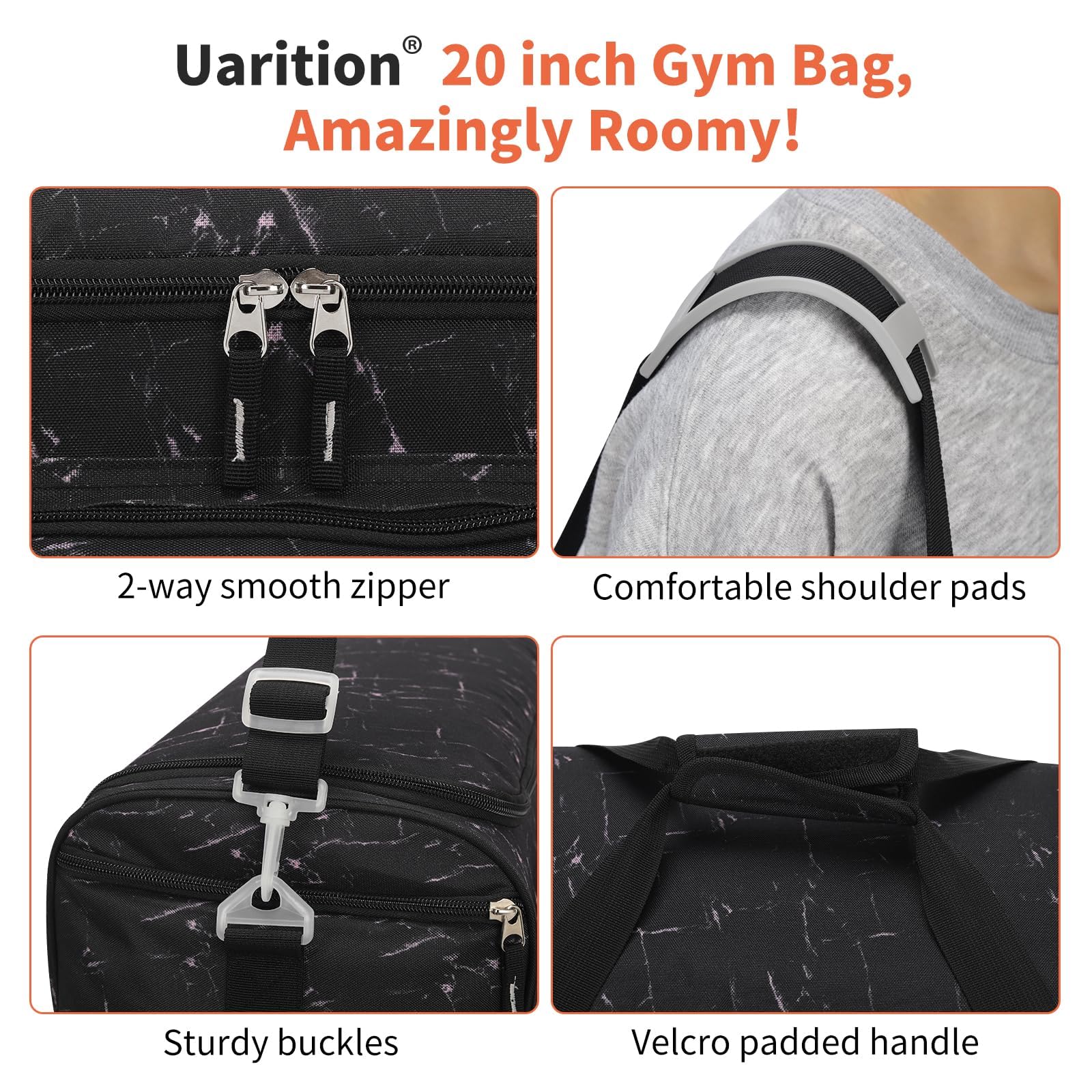 Uarition Men's Large Duffle Bag, 55L Heavy Duty Gym Bag for Sports, Workout, and Travel - Durable Duffel Gear Bag in Marble Black
