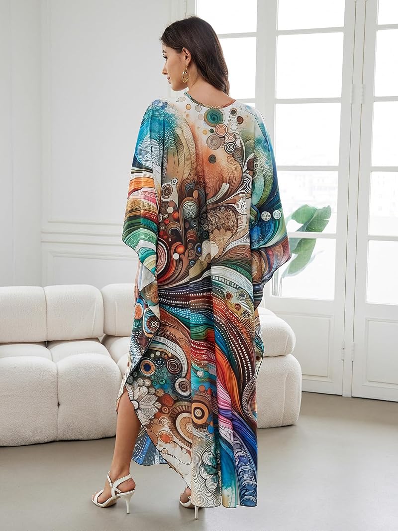 Batwing Sleeve Kaftan Dress for Women Plus Size - Abstract Pattern Beach Cover Up