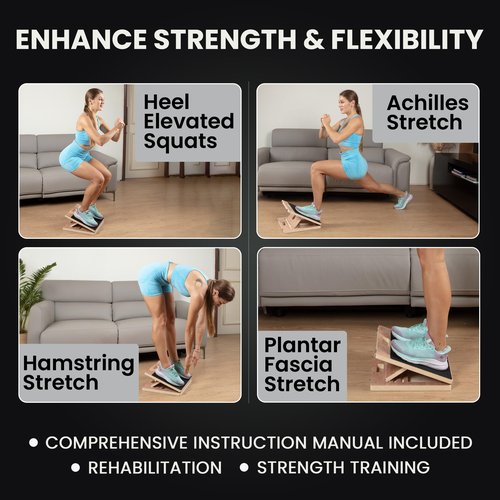 Swara 14″ Wide Professional Portable Eucalyptus Slant Board, thicker bottom board, Calf Stretching – Premium Adjustable Wooden Calf Stretcher Slant Board with Bonus Muscle Roller for Squats & Exercise