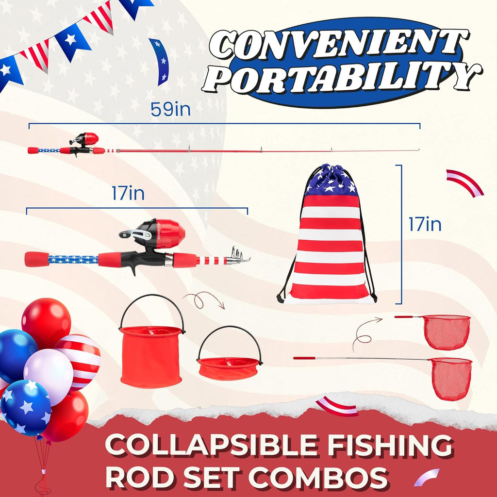 WIDDEN 4th of July Kids Fishing Pole, Portable Telescopic Toddler Fishing Pole for Boys and Girls, American Flag Youth Fishing Rod and Reel Combo with Full Starter Kits