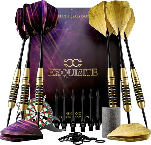 CC-Exquisite Premium Steel Tip Darts Set - Professional Brass Barrels with Extra Flights & Accessories | 12 Aluminum Shafts