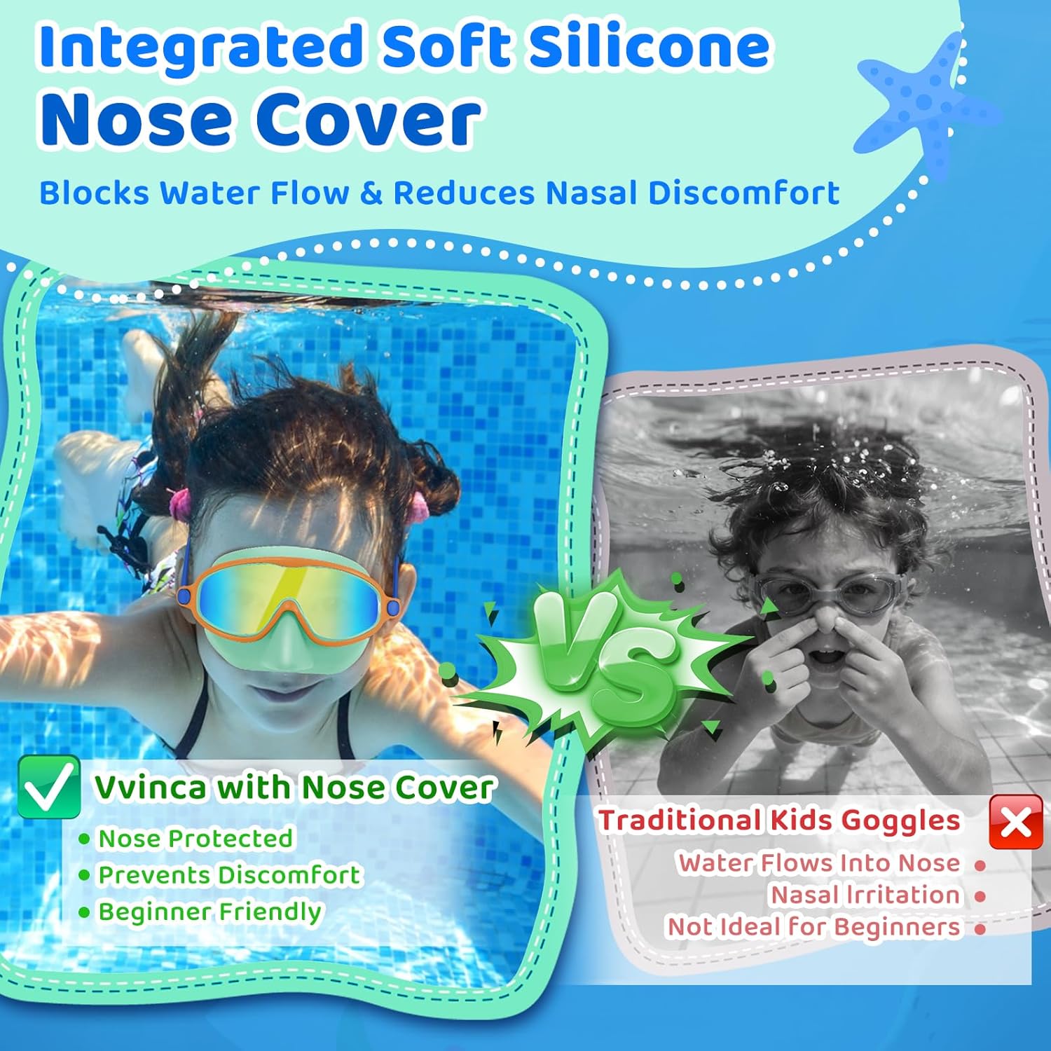 Vvinca Kids Swim Goggles - Anti-Fog UV Protection & Nose Cover | 2 Pack for Ages 3-14