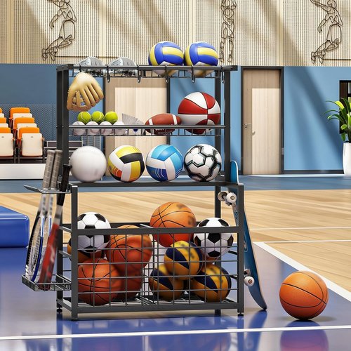 HOOBRO Ball Storage Rack - Heavy Duty Garage Organizer with Hooks & Basket | Black, Ideal for Outdoor & Basement