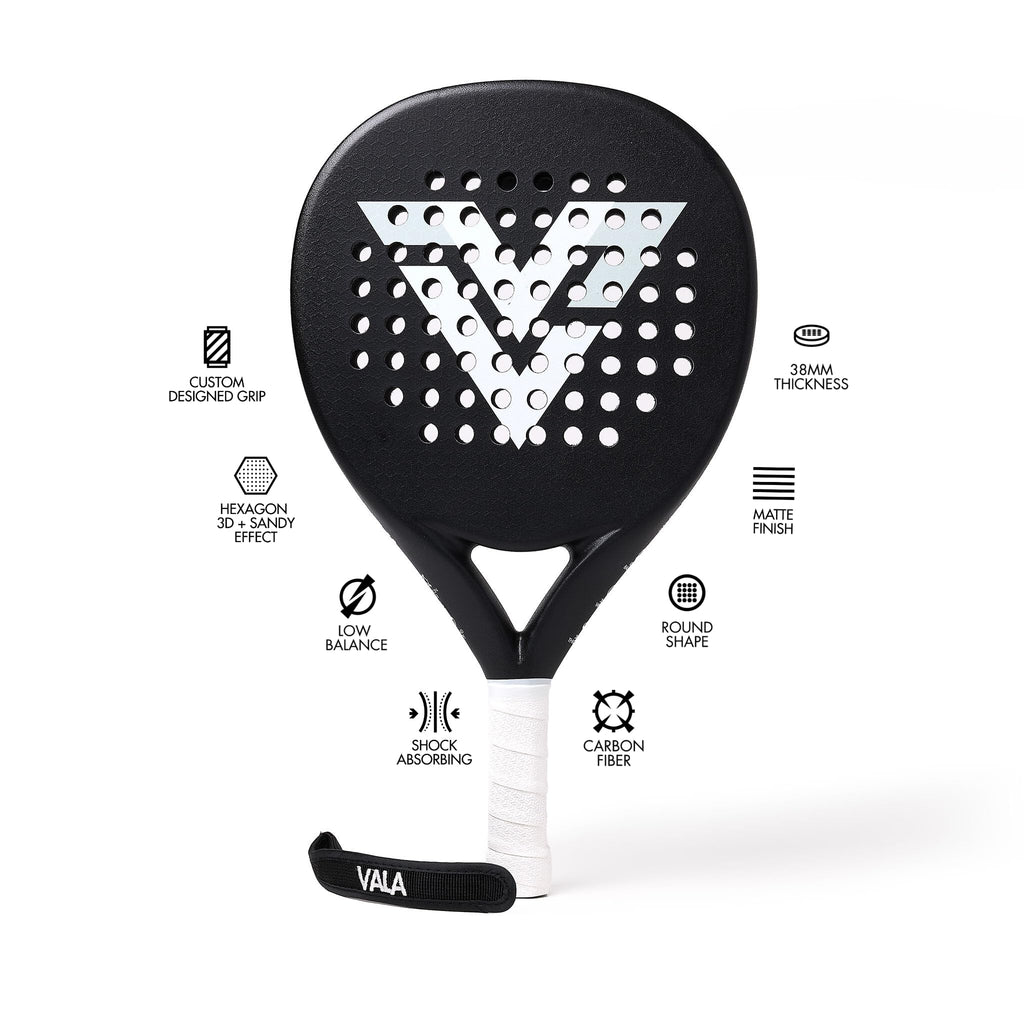 VALA One Padel Racket – Lightweight Paddle Carbon Fiber, Shock-Absorbing Design, Round Shape, Extra Grip Texture for Spin & Control, Pala for Men - Women, Ideal for Beginner to Intermediate Player