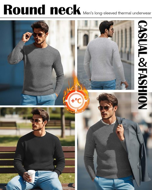 Riyiper 3 Pack Men's Ribbed Thermal Shirts Crew Neck Long Sleeve Tops Winter Stretchy Slim Basic Undershirt(Black, Gray, Light Gray,M)