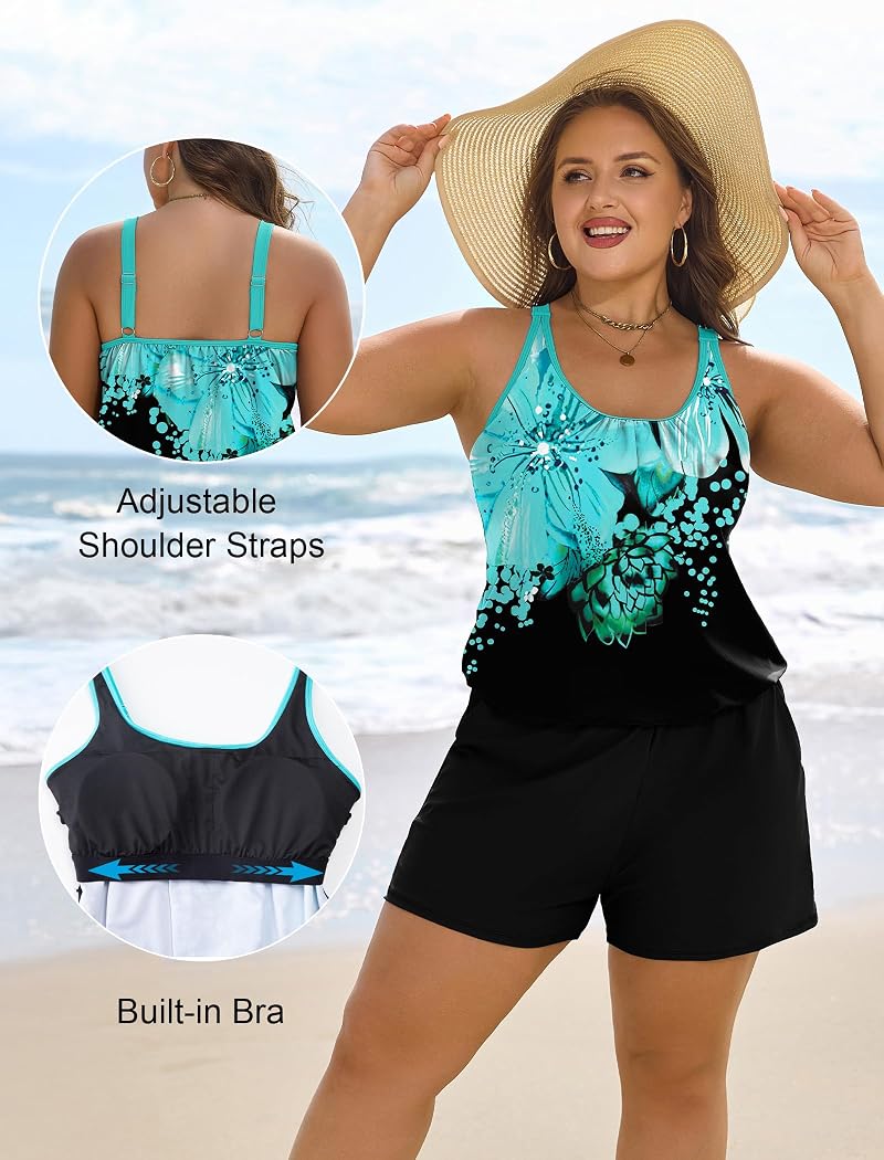 Arolina Plus Size Swim Romper One-Piece with Pockets Blue Floral