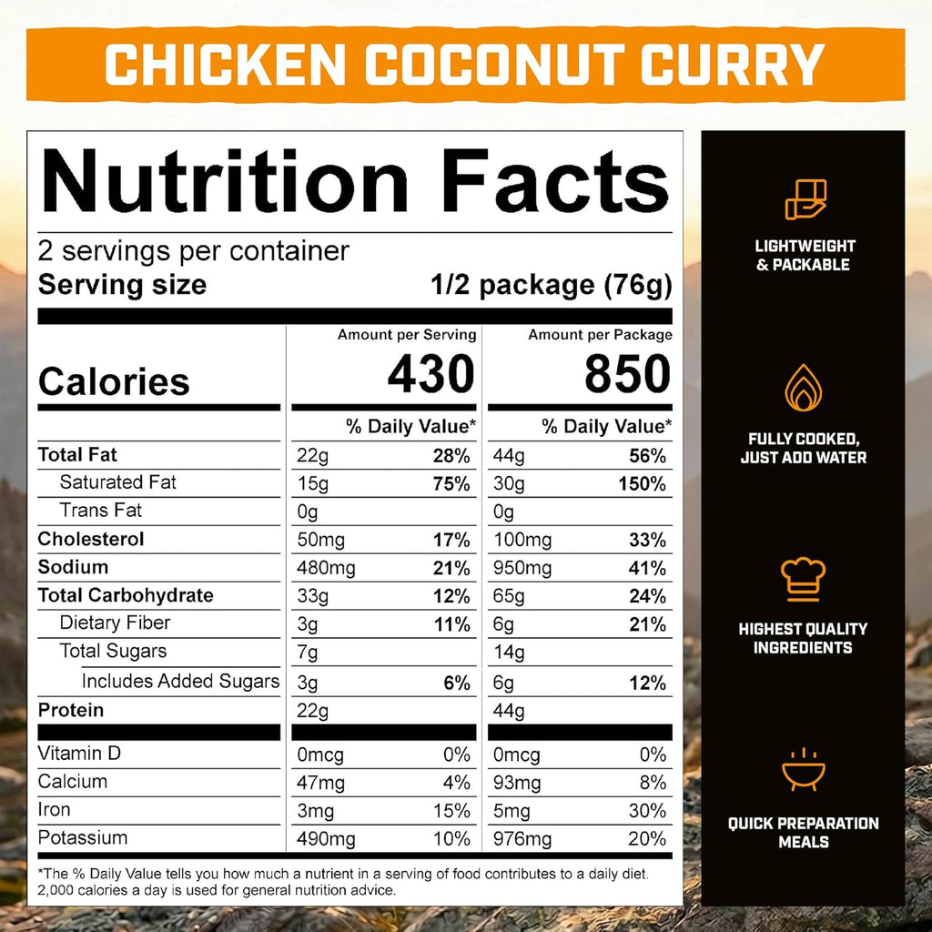 Peak Refuel Chicken Coconut Curry - High Protein Freeze Dried Backpacking Food | Quick Prep (2 Servings)