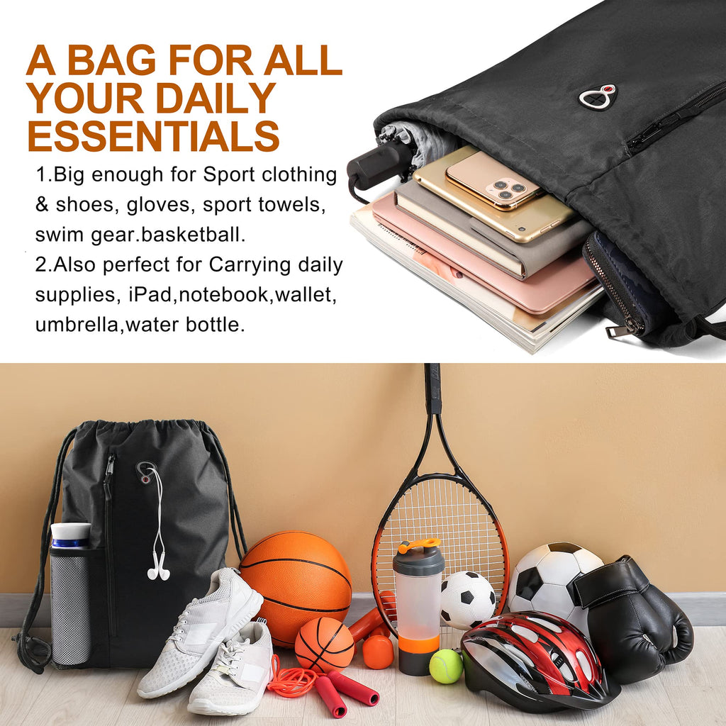BeeGreen White Drawstring Backpack Gym Bag For Men & Women – Sports Sackpack with Mesh Water Bottle Holder & 2 Zippered Pockets – Large 16x20 Inch Cinch String Backpack Workout Bag for Running, Travel