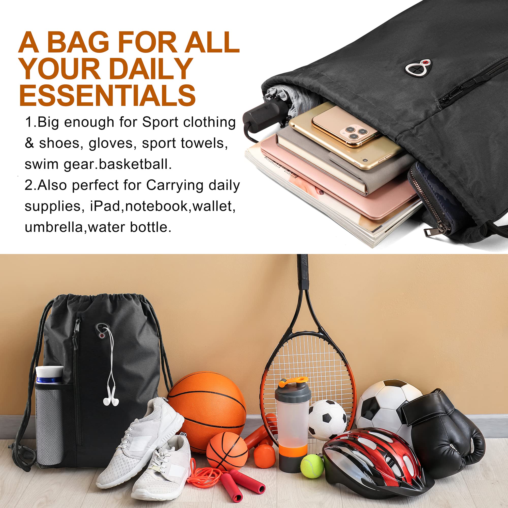 BeeGreen White Drawstring Backpack Gym Bag For Men & Women – Sports Sackpack with Mesh Water Bottle Holder & 2 Zippered Pockets – Large 16x20 Inch Cinch String Backpack Workout Bag for Running, Travel