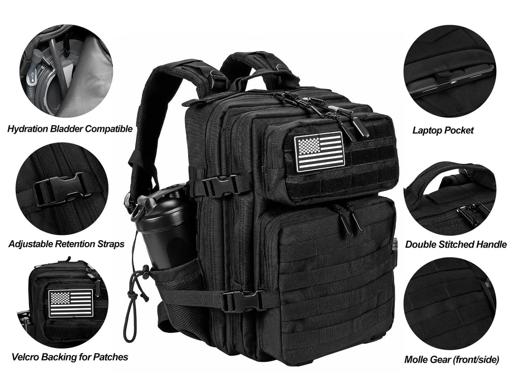 LHI Tactical Military Backpack for Men and Women 25L Army Assault Pack Bag Large Rucksack with Molle System - Black