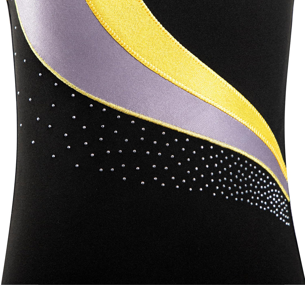 HOZIY Practice Leotards for Girls Gymnastics Size 8-10 Years Gold Stripe Spliced Diamond Rhinestone Fall Black Tumbling Outfit Biketard Sparkly