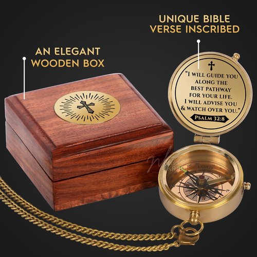 MYSTICKRAFT Engraved Brass Pocket Compass Gift - Psalm 32:8, First Communion Gifts, Baptism Gifts for Boys, Confirmation Gifts, Gifts for Men, Catholic Religious Christian Easter Gifts for Kids