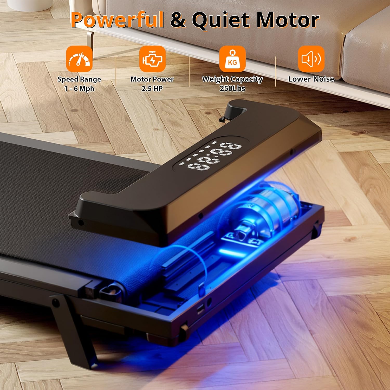 Skiennix Walking Pad Treadmill - Under Desk Design with Incline, 250 lbs Capacity, Remote Control, LED Display