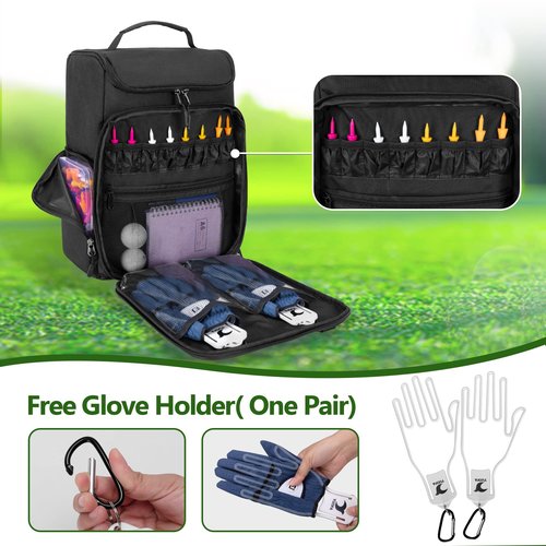 GOBUROS Golf Shoe Bag Holds A Pair of Shoes US Mens 14, Golf Shoe Carrier with Free Gloves Holders (A Pair), Front and Side Accessory Pockets for Tees, Gloves and Ball, Black