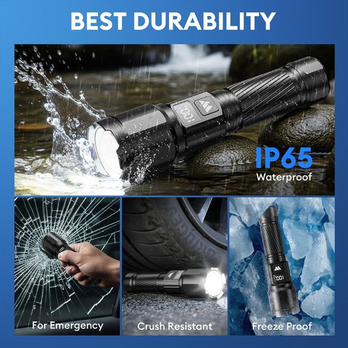 3 Pack Rechargeable Flashlights High Lumens, Super Bright LED Tactical Flashlight with LCD Power Display, Zoomable Flashlights 15H+ Runtime, IP65 Waterproof Flashlights for Home Emergency Camping