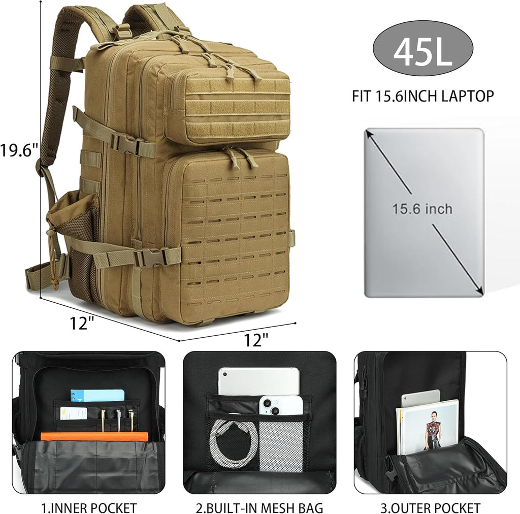 Skiennix Military Tactical Backpack - 45L/25L Assault Pack for Hiking | Unisex Molle Daypack