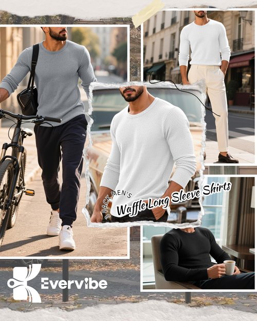 Evervibe 3 Pack Men's Big and Tall Long Sleeve Shirts, Waffle Crew Neck Thermal Underwear Tops Lightweight Casual Undershirts(Black, White, Gray,3X-Large)