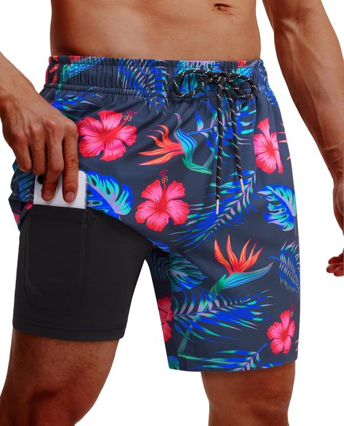 Gleeease Men's 7-Inch Swim Trunks - Quick-Dry 2-in-1 Design with Compression Liner & Pockets