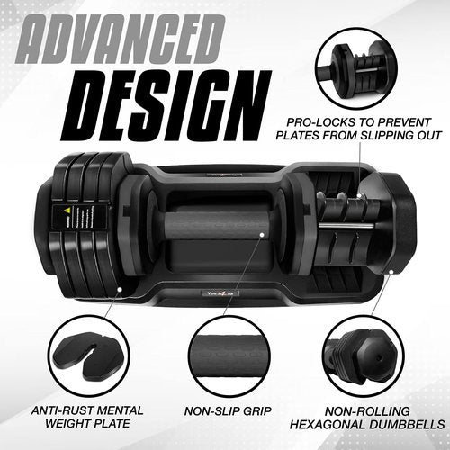 Yes4All 25lbs Grey Grip Adjustable Dumbbells Weights, 5 in 1 Weights Dumbbell with One Second Dial Handle for Different Workout Levels