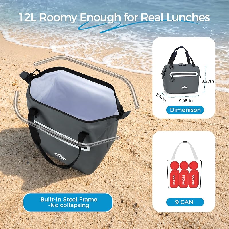 Grey Small Soft-Sided Cooler Bag, Insulated Lunch Box, Leak-Proof Portable Lunch Tote