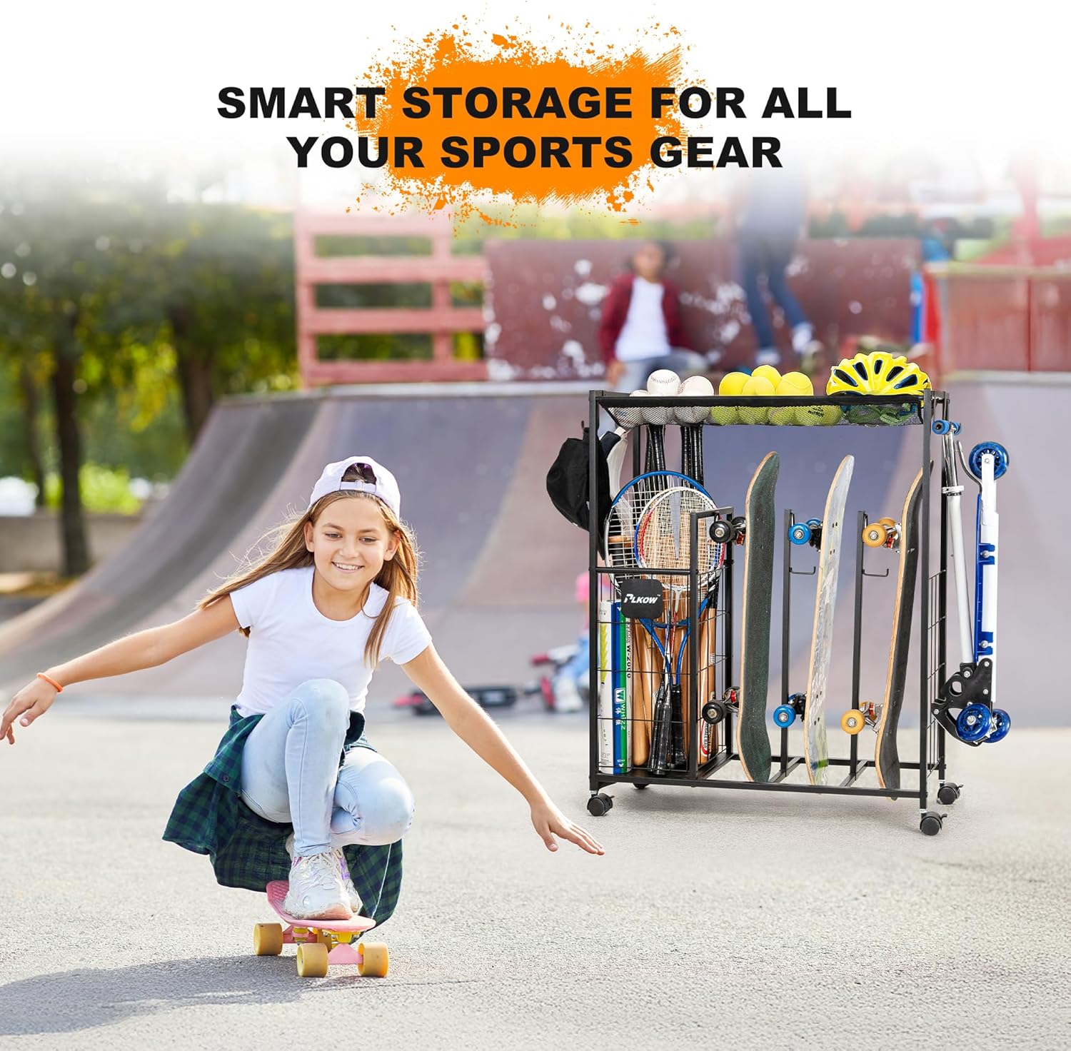 PLKOW Skateboard Storage Rack - Heavy-Duty Organizer with Wheels for Skateboards, Scooters & Gear