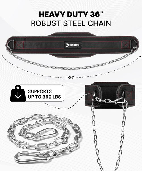 DMoose Fitness Dip Belt For Weightlifting - Weighted Pull Up and Squat Belt with Chain for Intense Workouts - Heavy Duty Stainless Steel Chain & Coated D-Ring - Weight Dipping Belt for Dips - Black