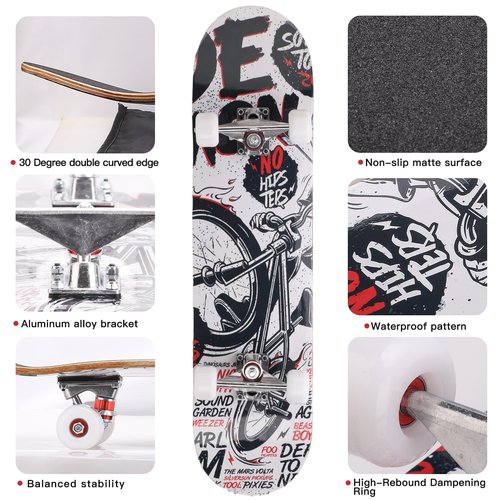 Professional Double Kick Skateboard, 31 inch Maple Deck, ABEC-9 Bearings, 95A PU Wheels, Custom Graphic Design (bat King(T-Tool Included), 31in)