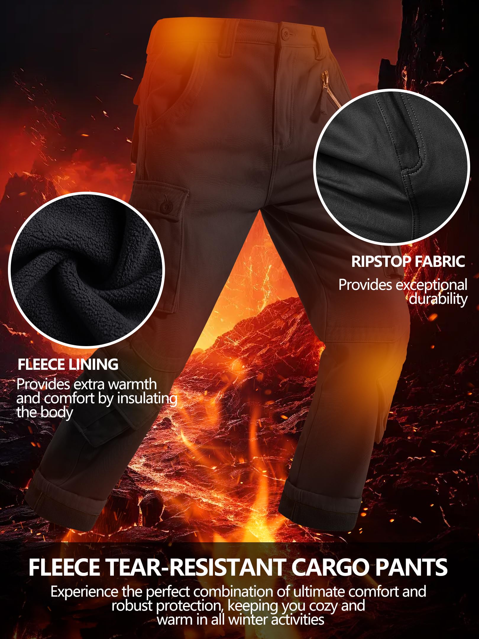 Yevtzl Men's Fleece Lined Hiking Cargo Pants, Snow Ski Winter Insulated Work Pants Mens Tactical Pant for Camping Safari with Pocket (US, Numeric, 34, Regular, Regular, Black)