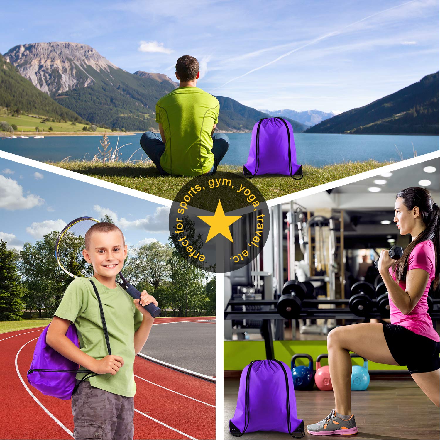 KUUQA 12 Pcs Drawstring Backpack Bags Sport Gym Sack Cinch Bags Bulk for School Traveling and Storage (Purple)