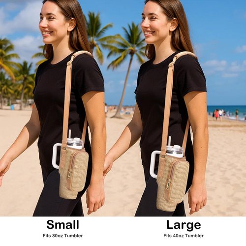 NEICOA Straw Water Bottle Holder with Strap for Stanley Cup 40/30 oz Summer Crossbody Bags Water Bottle Carrier Sling Woven Beach Purse with Phone Pocket Travel(Khaki 30oz)