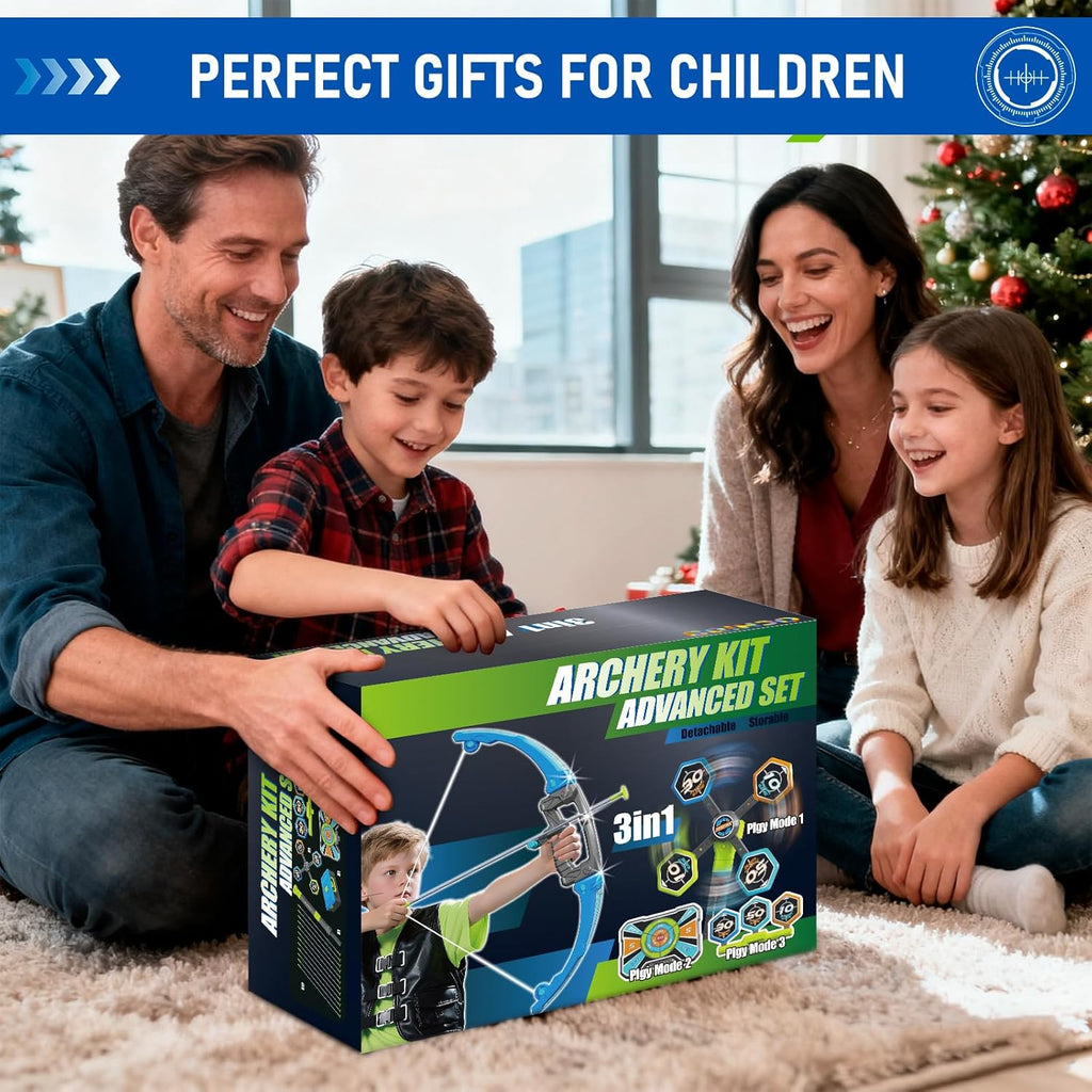 OCHIDO Bow and Arrow Set - 3-in-1 LED Light Up Archery Kit with 4 Targets & 12 Suction Cup Arrows for Kids Ages 5-12