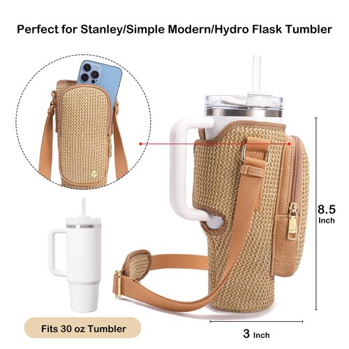 NEICOA Straw Water Bottle Holder with Strap for Stanley Cup 40/30 oz Summer Crossbody Bags Water Bottle Carrier Sling Woven Beach Purse with Phone Pocket Travel(Khaki 30oz)