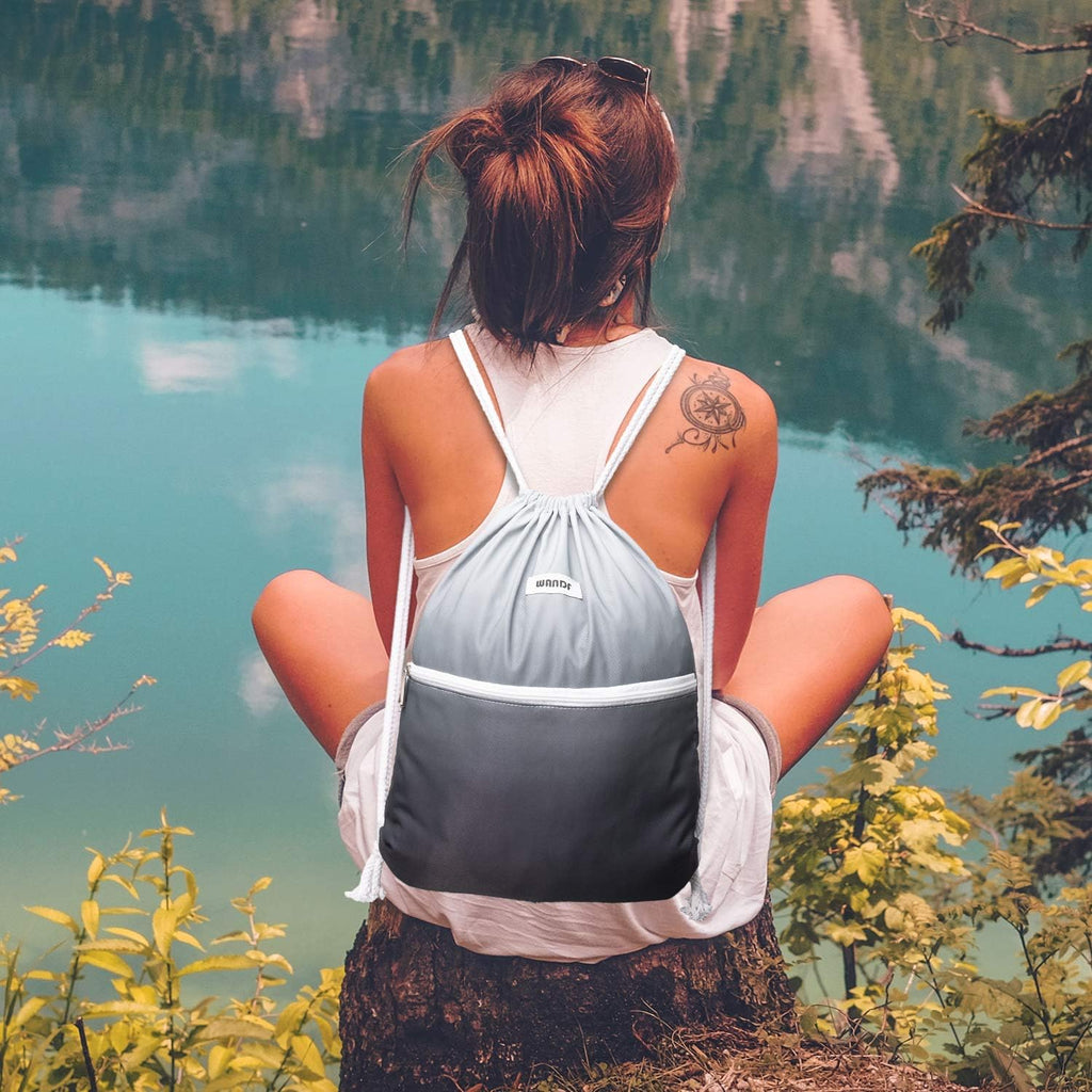 WANDF Drawstring Backpack - Water Resistant Nylon Cinch Bag for Gym, Shopping & Yoga | Grey