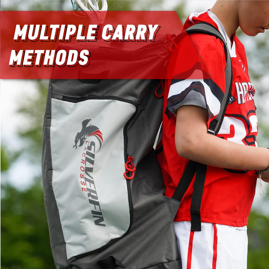 Silverfin Lacrosse Bag IMPROVED! |2 Stick Holders & Pockets for All of Your Lacrosse Equipment |Use as a Backpack or Duffel Bag| Lacrosse Gear Bag for Boys, Youth, Men With Adjustable Shoulder Straps