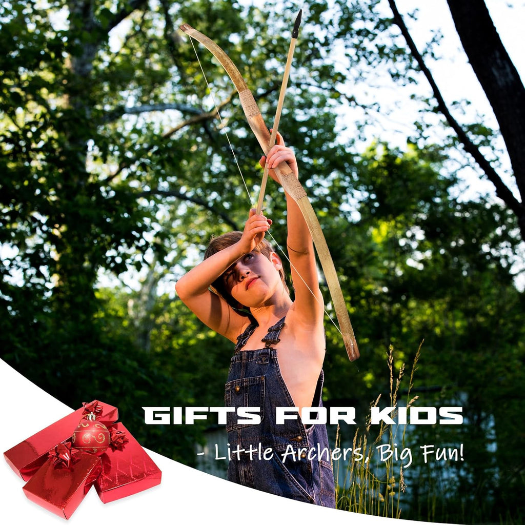 Skiennix Kids Bow and Arrow Set - 32-Inch Handmade Wooden Archery Toy for Ages 6-12 | Includes 10 Arrows, Quiver & Targets