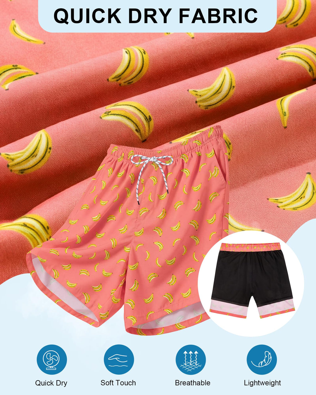American Trends Men's Swim Trunks 7 Inch with Compression Liner Quick Dry Swim Shorts for Men Beach Board Shorts Bathing Suit with Pockets Medium Pink Orange Banana