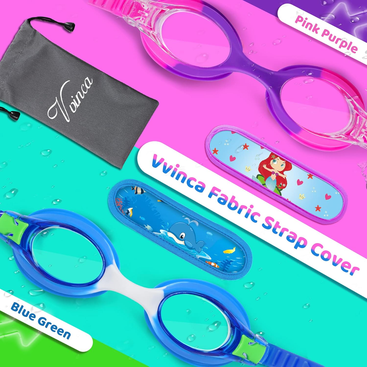 Vvinca Kids Swim Goggles - Anti-Fog, No Leak Design with Fabric Strap | Pain-Free for Toddlers & Children