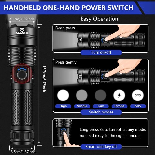 Esgofo Flashlights - High Lumens 100000 Rechargeable LED - Super Bright, Waterproof, Perfect for Hiking & Camping